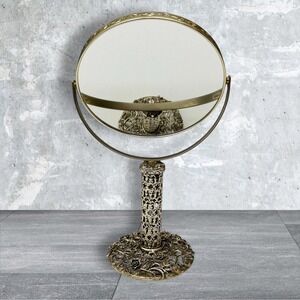 Vtg Japan Gold/Silver Filigree Vanity Mirror Swivel Floral Rose Pedestal Decor